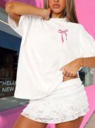 Fiyonk Baskılı Oversize Bisiklet Yaka T-shirt - Beyaz resmi